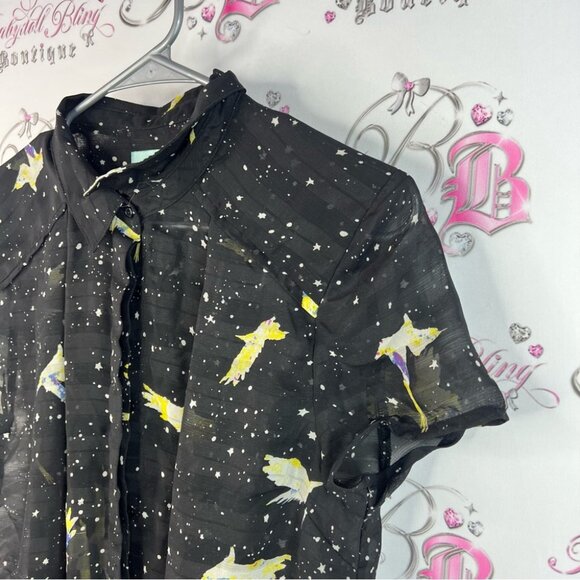 Camilla tree dress button up tshirt long Black Dress with Starry bird Design - Picture 3 of 14